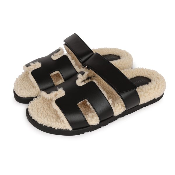 Hermes Chypre Techno Sandals Black and Ecru Shearling Palladium Hardware 37 Online Hot Sale