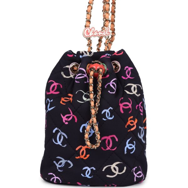 Chanel Medium CC Drawstring Backpack Multicolored Printed Fabric Light Gold Hardware Sale