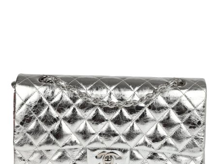 Chanel Medium Classic Double Flap Bag Metallic Silver Aged Calfskin Silver Hardware For Sale