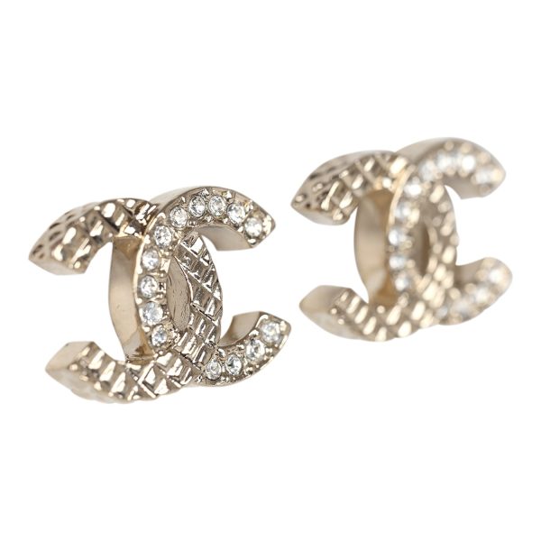 Chanel Small Quilted Crystal CC Stud Earrings Light Gold Hardware on Sale