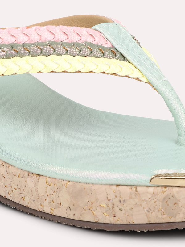 Women Green Textured Wedge Sandals For Cheap