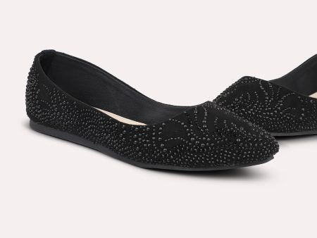 Women Black Embellished Ballerinas Flats For Discount