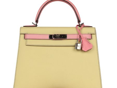 Pre-owned Hermes Special Order (HSS) Kelly Sellier 28 Rose Confetti and Jaune Poussin Epsom Palladium Hardware Hot on Sale