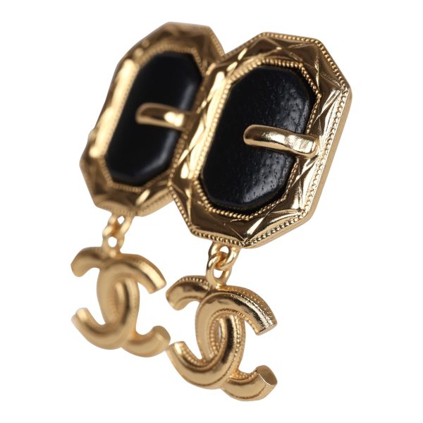 Chanel CC Buckle Dangle Earrings Black Leather Gold Hardware Online