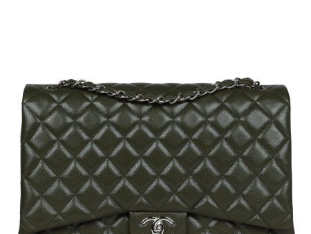 Chanel Maxi Classic Double Flap Bag Olive Green Caviar Silver Hardware For Discount