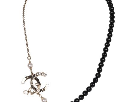 Chanel Script Logo Necklace Black Bead and White Pearl Gold Hardware For Discount