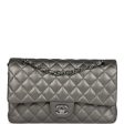 Pre-owned Chanel Medium Classic Double Flap Bag Metallic Grey Lambskin Silver Hardware For Cheap