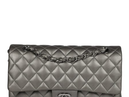 Pre-owned Chanel Medium Classic Double Flap Bag Metallic Grey Lambskin Silver Hardware For Cheap