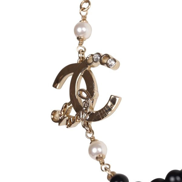 Chanel Script Logo Necklace Black Bead and White Pearl Gold Hardware For Discount