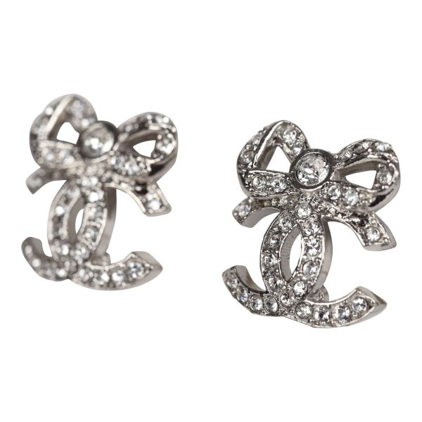 Chanel Mini Crystal Bow CC Stud Earrings Silver Hardware Online Hot Sale