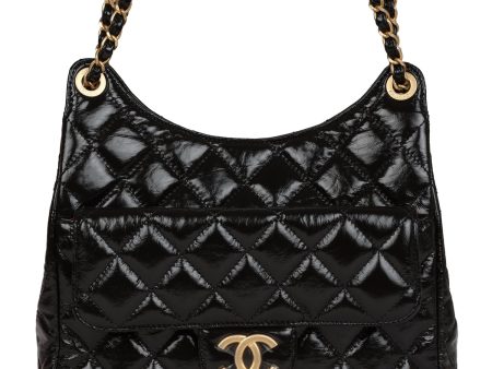 Chanel CC Hobo Bag Black Shiny Crumpled Calfskin Gold Hardware Fashion