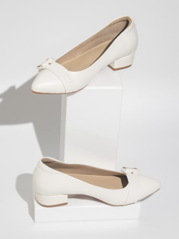 Women White Pointed Toe Block Pumps With Buckles Details Supply