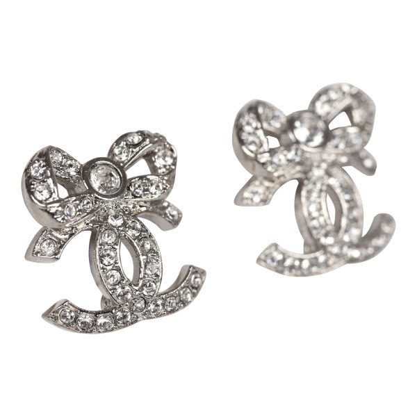 Chanel Mini Crystal Bow CC Stud Earrings Silver Hardware Online Hot Sale