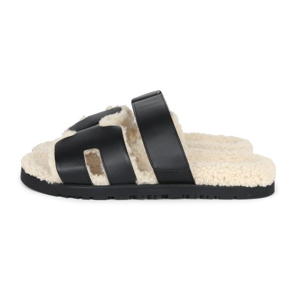 Hermes Chypre Techno Sandals Black and Ecru Shearling Palladium Hardware EU 39.5 Online Hot Sale