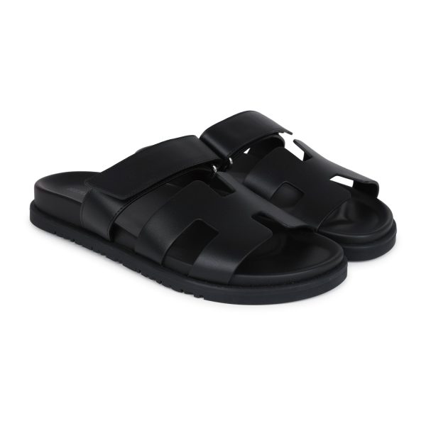 Hermes Chypre Techno Sandals Black Calfskin Palladium Hardware 38.5 EU Supply