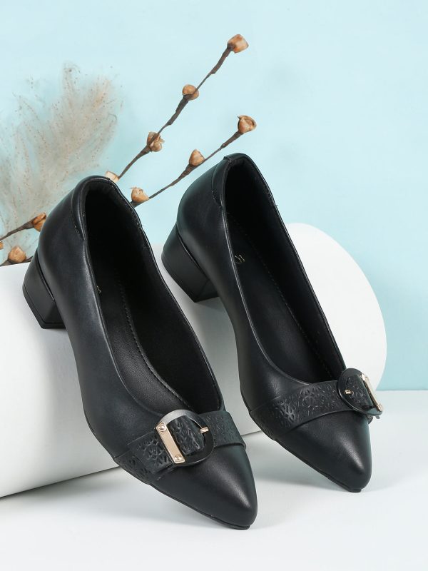 Women Black Pointed Toe Block Pumps With Buckles Details on Sale