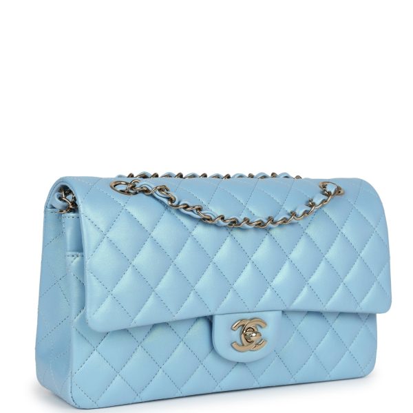 Chanel Medium Classic Double Flap Bag Light Blue Iridescent Calfskin Gold Hardware Supply