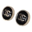 Chanel Small Round CC Button Earrings Black Enamel Light Gold Tone Metal Fashion