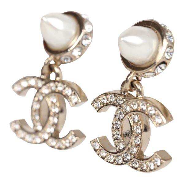 Chanel Pearl Spike CC Crystal Dangle Earrings Light Gold Hardware For Discount