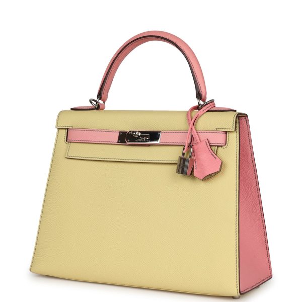 Pre-owned Hermes Special Order (HSS) Kelly Sellier 28 Rose Confetti and Jaune Poussin Epsom Palladium Hardware Hot on Sale