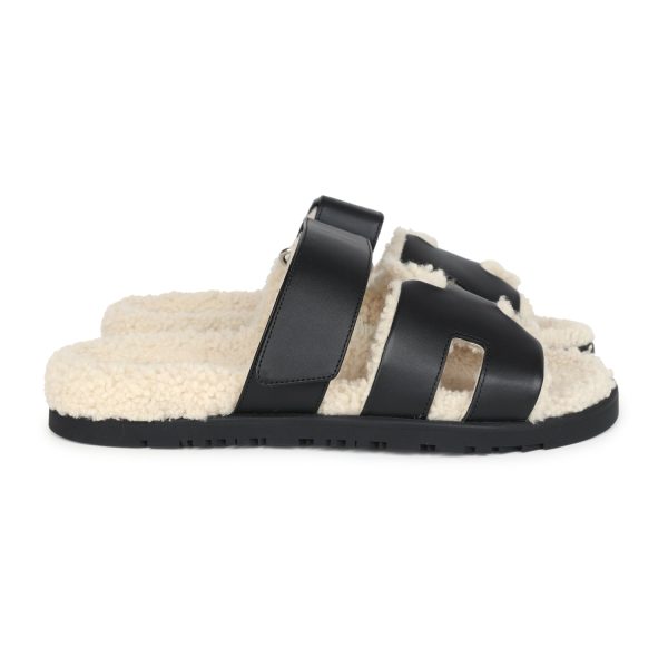 Hermes Chypre Techno Sandals Black and Ecru Shearling Palladium Hardware EU 39.5 Online Hot Sale