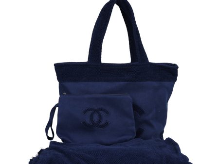 Chanel CC Beach Tote Bag & Towel Set Navy Blue Canvas & Terry Sale