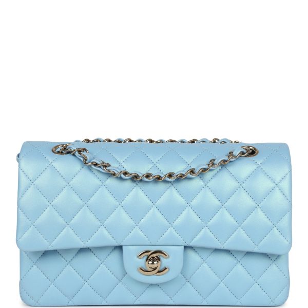 Chanel Medium Classic Double Flap Bag Light Blue Iridescent Calfskin Gold Hardware Supply