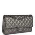 Pre-owned Chanel Medium Classic Double Flap Bag Metallic Grey Lambskin Silver Hardware For Cheap