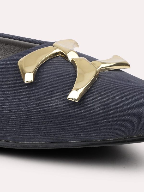 Women Navy & Gold Toned Pointed Toe Mules With Buckle Detail For Discount