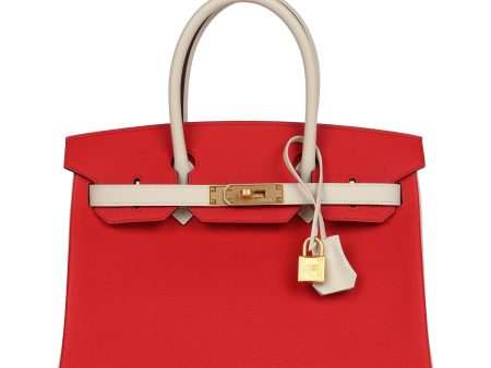 Hermes Special Order (HSS) Birkin 30 Rouge de Coeur and Craie Epsom Brushed Gold Hardware Supply