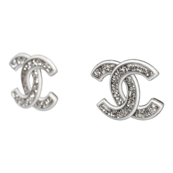 Chanel Large Lucite CC Crystal Stud Earrings White Enamel and Silver Hardware Sale