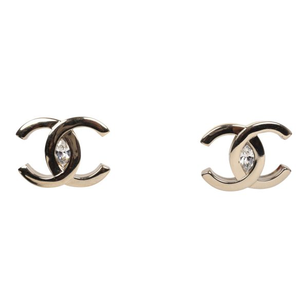 Chanel CC Crystal Stud Earrings Light Gold Hardware For Discount