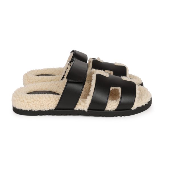 Hermes Chypre Techno Sandals Black and Ecru Shearling Palladium Hardware 37 Online Hot Sale