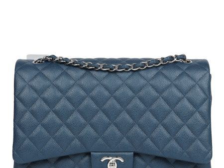 Chanel Maxi Classic Double Flap Bag Dark Blue Caviar Silver Hardware Online Hot Sale