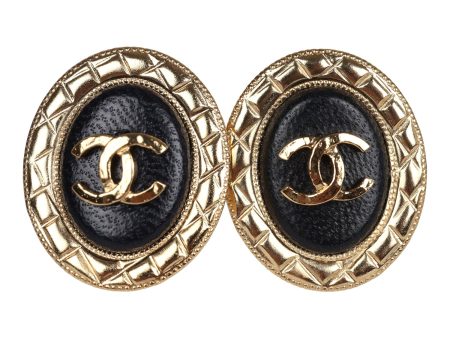 Chanel Oval CC Leather Earrings Black Gold Hardware For Cheap