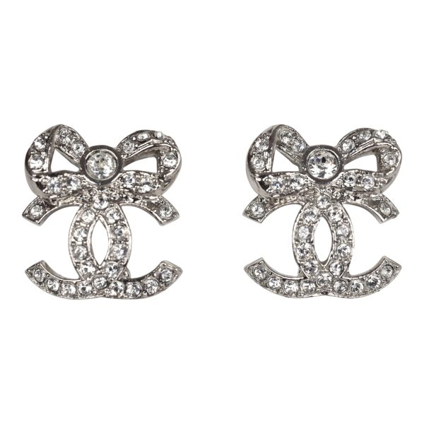 Chanel Mini Crystal Bow CC Stud Earrings Silver Hardware Online Hot Sale