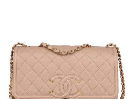 Chanel Medium CC Filigree Flap Bag Beige Caviar Brushed Gold Hardware Hot on Sale