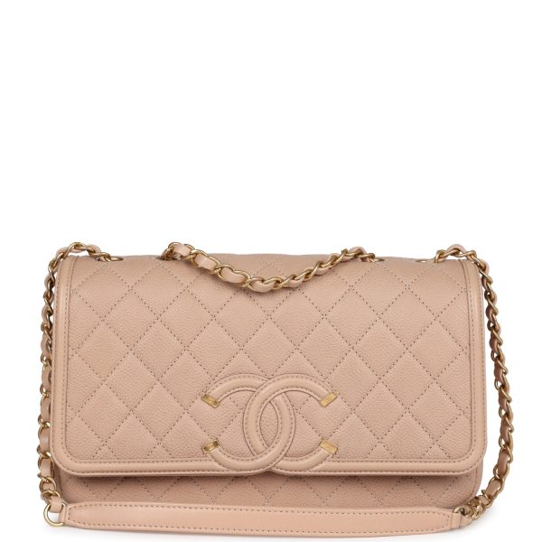 Chanel Medium CC Filigree Flap Bag Beige Caviar Brushed Gold Hardware Hot on Sale