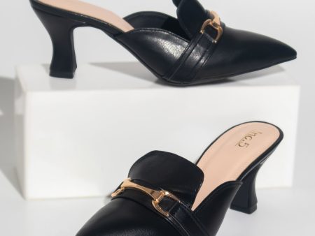 Women Black Pointed Toe Block Mules For Discount