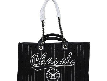 Chanel Large Deauville Shopping Tote Black and White Striped Canvas Silver Hardware Discount