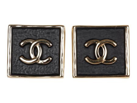 Chanel CC Logo Square Earrings Black Gold Metal Fashion