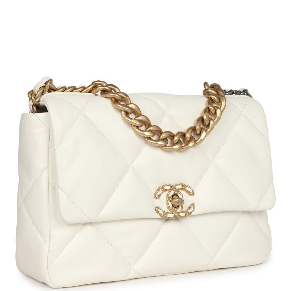 Chanel Large 19 Flap Bag White Lambskin Mixed Metal Hardware Fashion