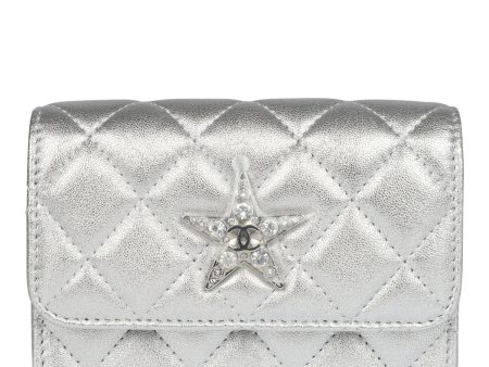 Chanel Crystal CC Walk Of Fame Clutch Wallet Silver Metallic Goatskin Silver Hardware For Cheap