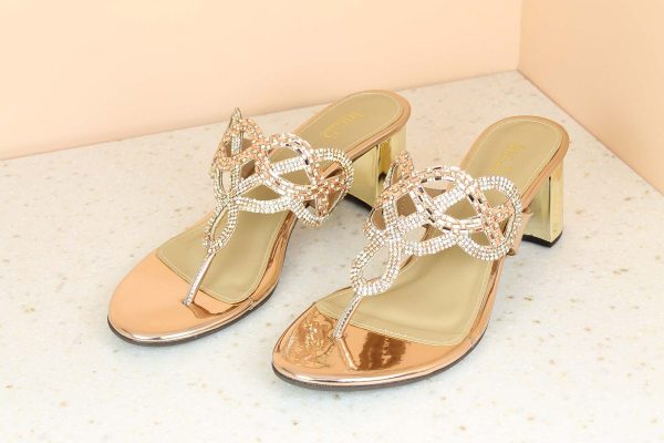 Women Rose Gold Embellished Ethnic Block Heels on Sale