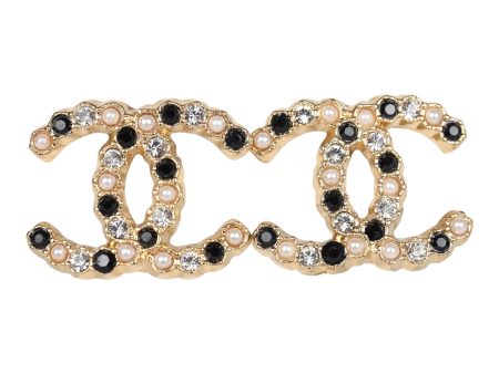 Chanel CC Crystals & Resin Pearls Stud Earrings Black and White Gold Tone Metal Online Sale