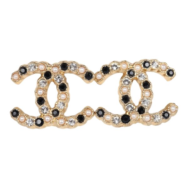 Chanel CC Crystals & Resin Pearls Stud Earrings Black and White Gold Tone Metal Online Sale