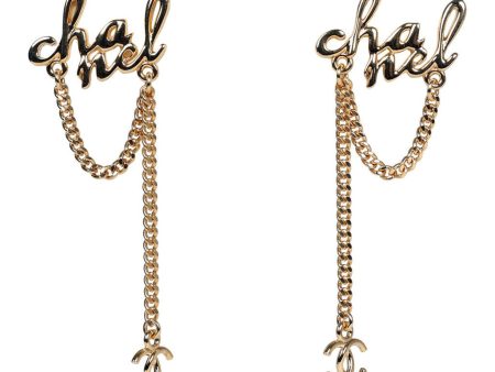 Chanel Logo Drop Chain Earrings Gold Metal For Discount