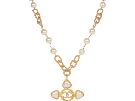 Vintage Chanel Gold Plated CC Faux Pearl Pendant Necklace For Sale