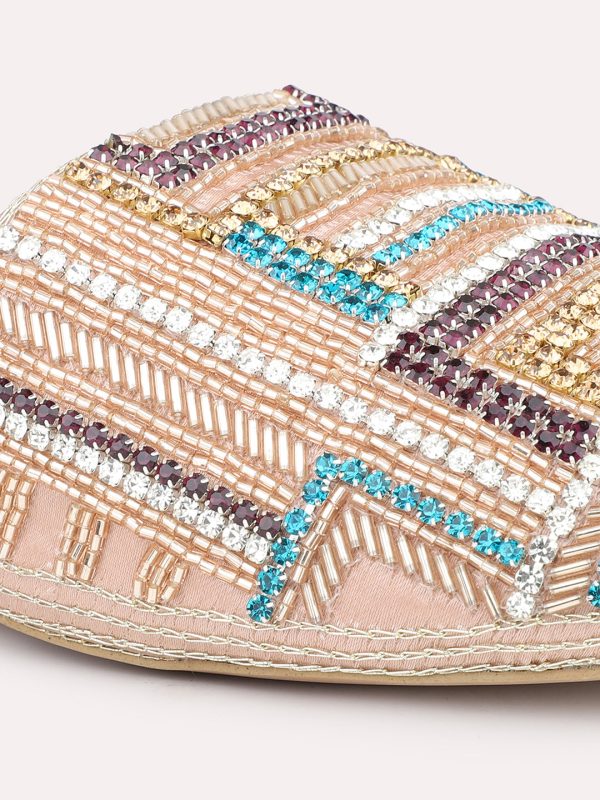 Women Rose Gold Embellished Ethnic Block Mules For Cheap